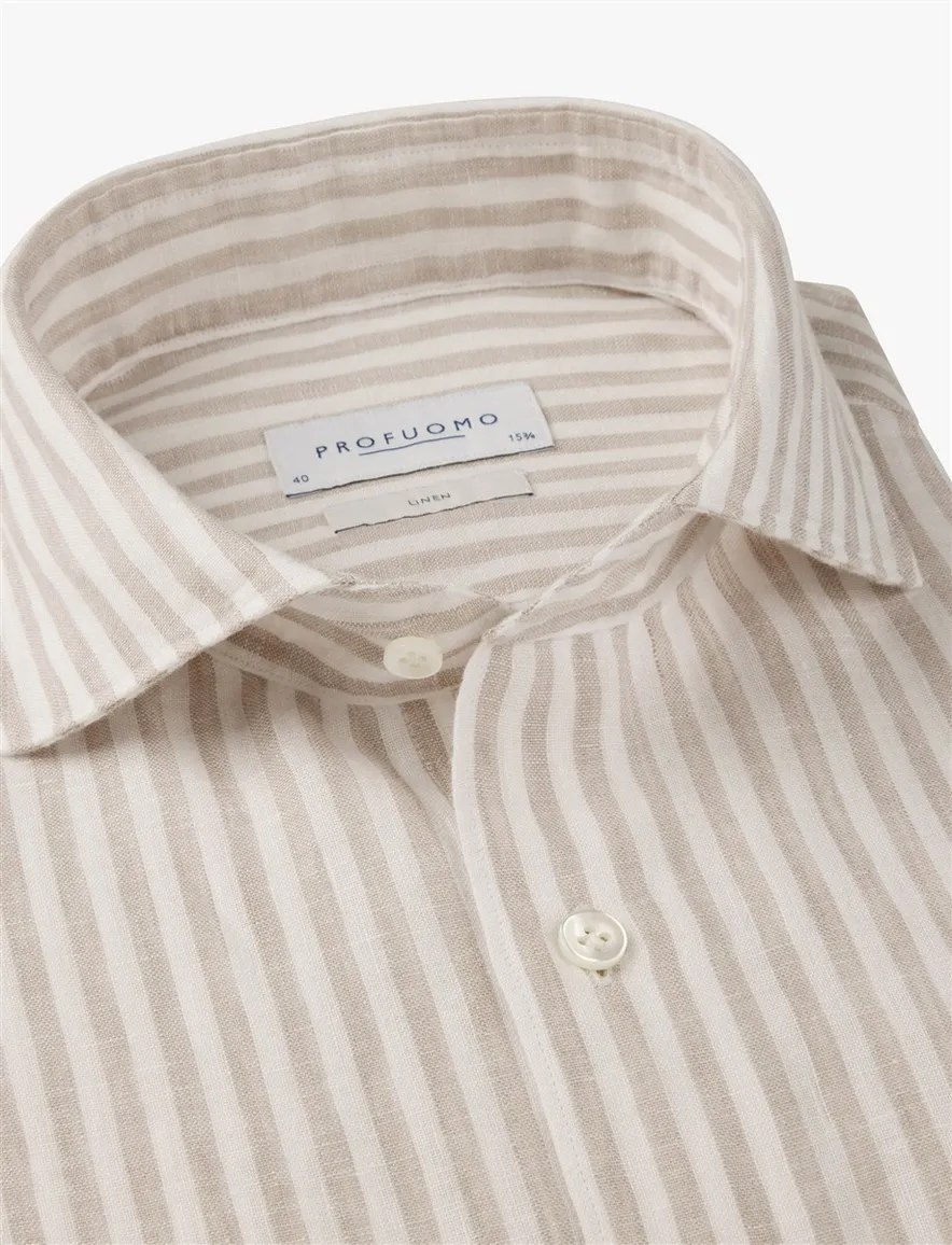 Profuomo Regular Fit overhemd beige wit linnen gestreept