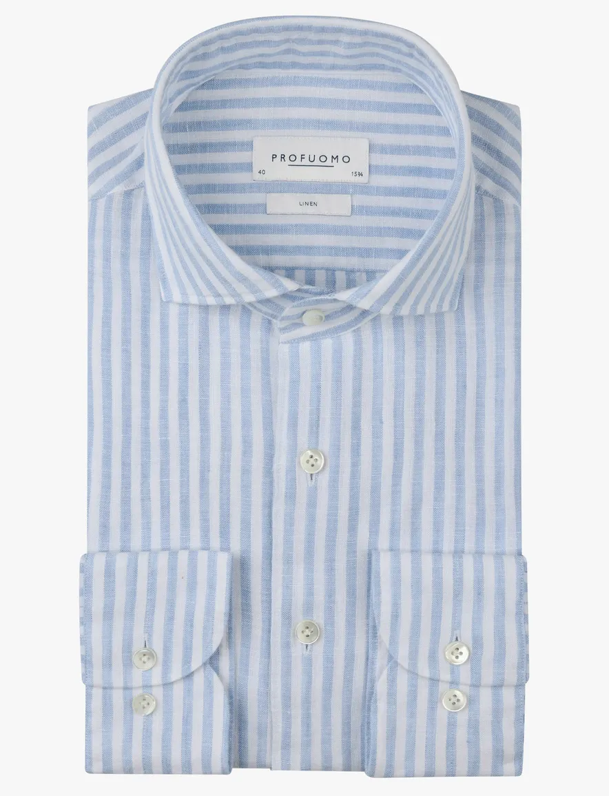 Profuomo Regular Fit overhemd lichtblauw wit linnen gestreept