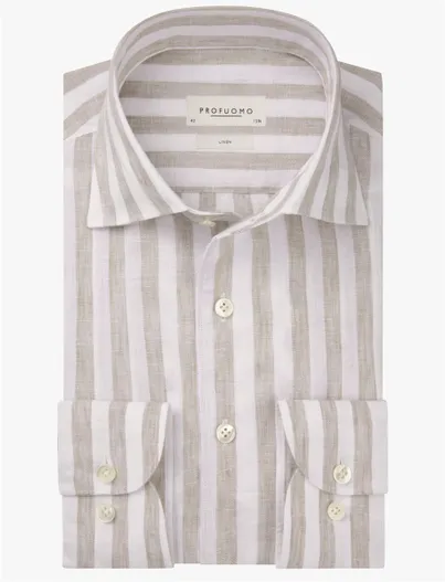 Profuomo Beige streepmotief overhemd Profuomo Regular Fit linnen