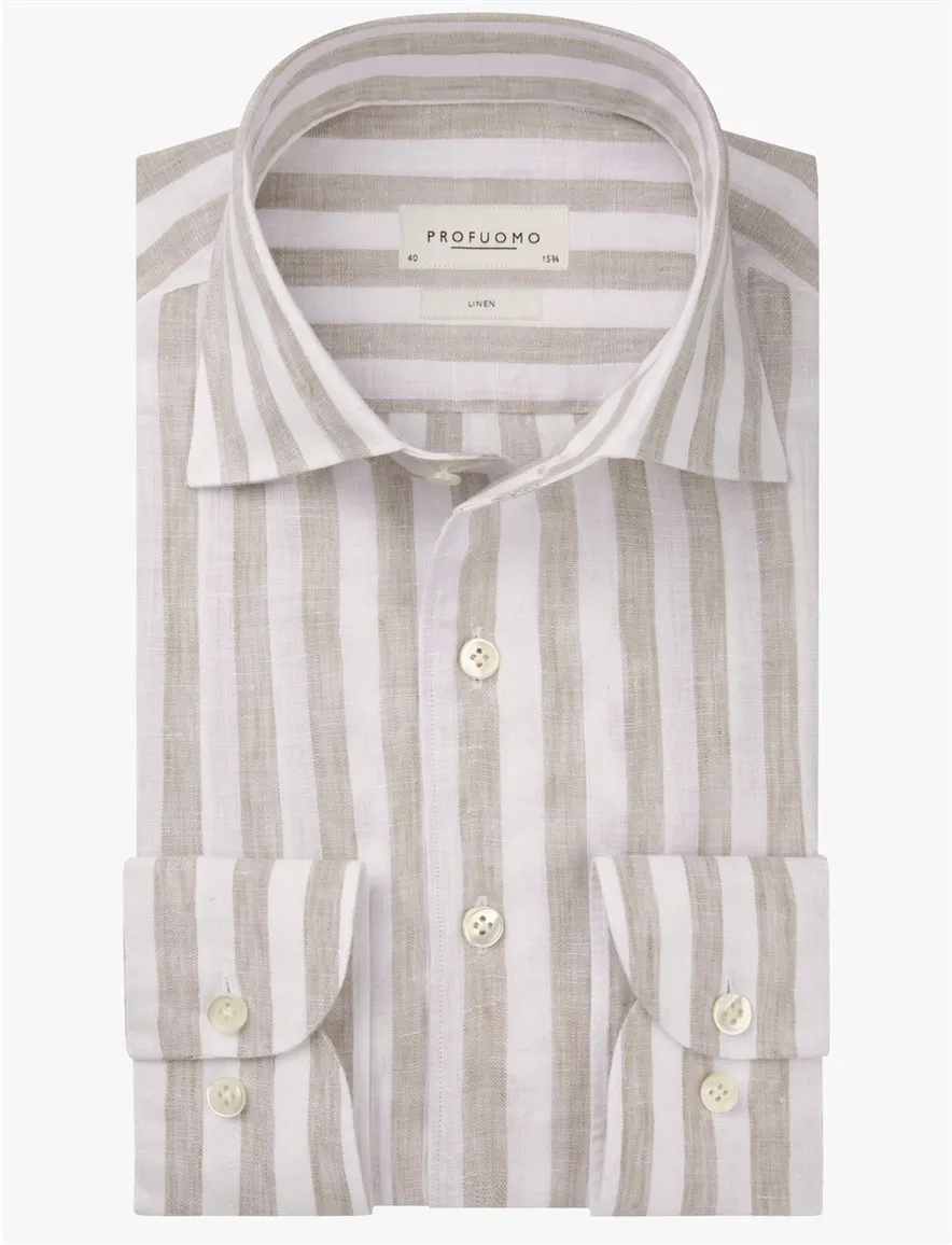 Beige streepmotief overhemd Profuomo Regular Fit linnen