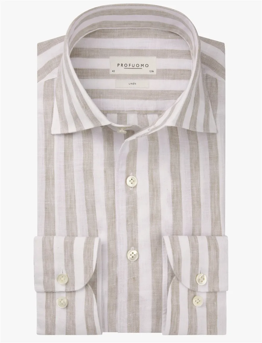 Profuomo Regular Fit overhemd beige wit linnen strepen