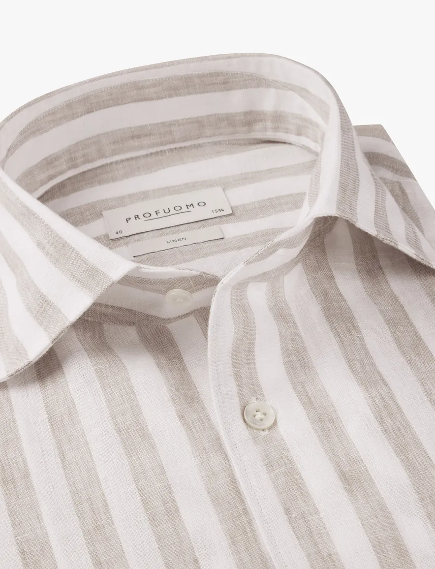 Profuomo Regular Fit overhemd beige wit linnen strepen