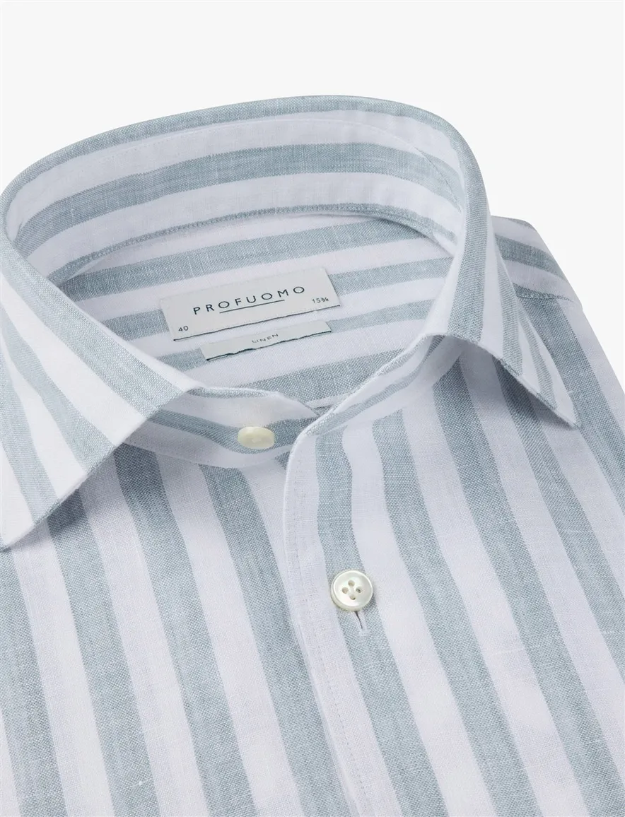 Profuomo Regular Fit overhemd lichtblauw wit linnen strepen