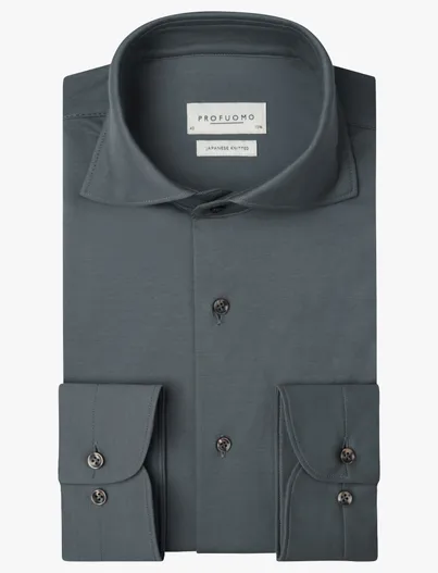 Profuomo Overhemd Profuomo blauw grijs Japanese knitted cutaway boord
