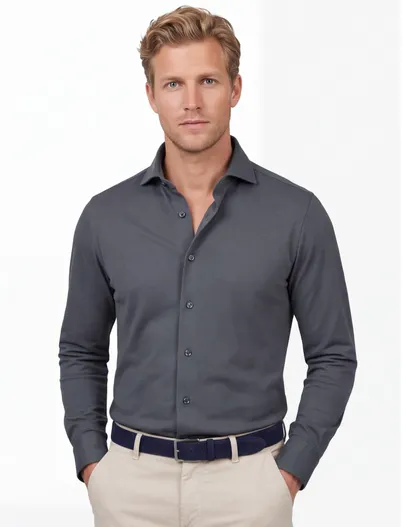 Profuomo Blauw grijs overhemd Profuomo Japanese knitted witte knopen
