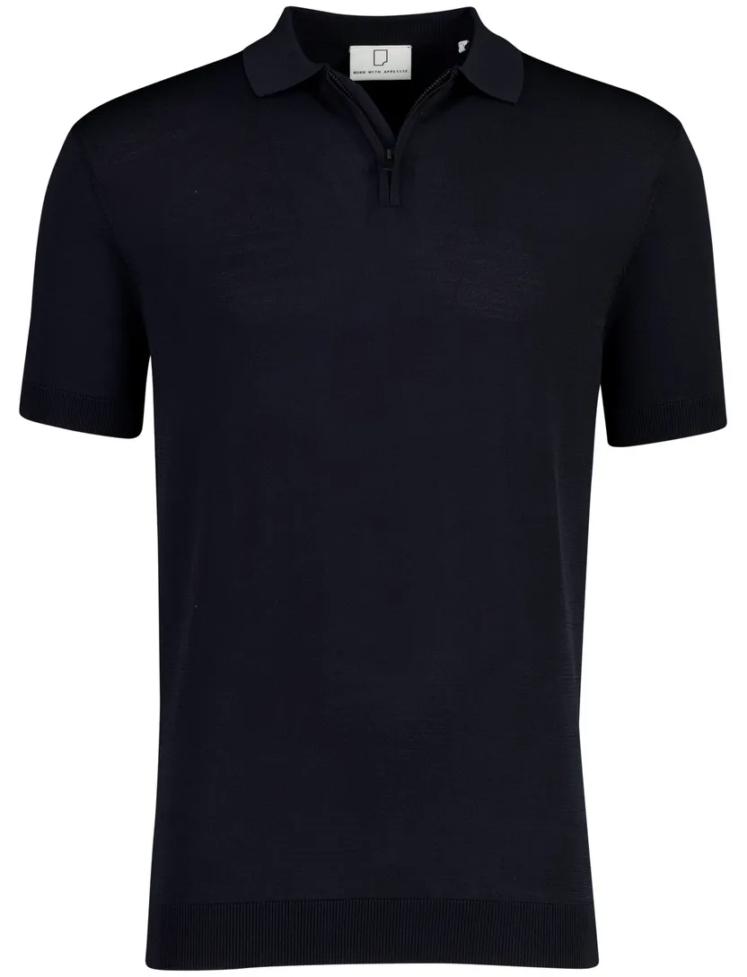 Navy polo Born with Appetite Dan katoen rits gebreid