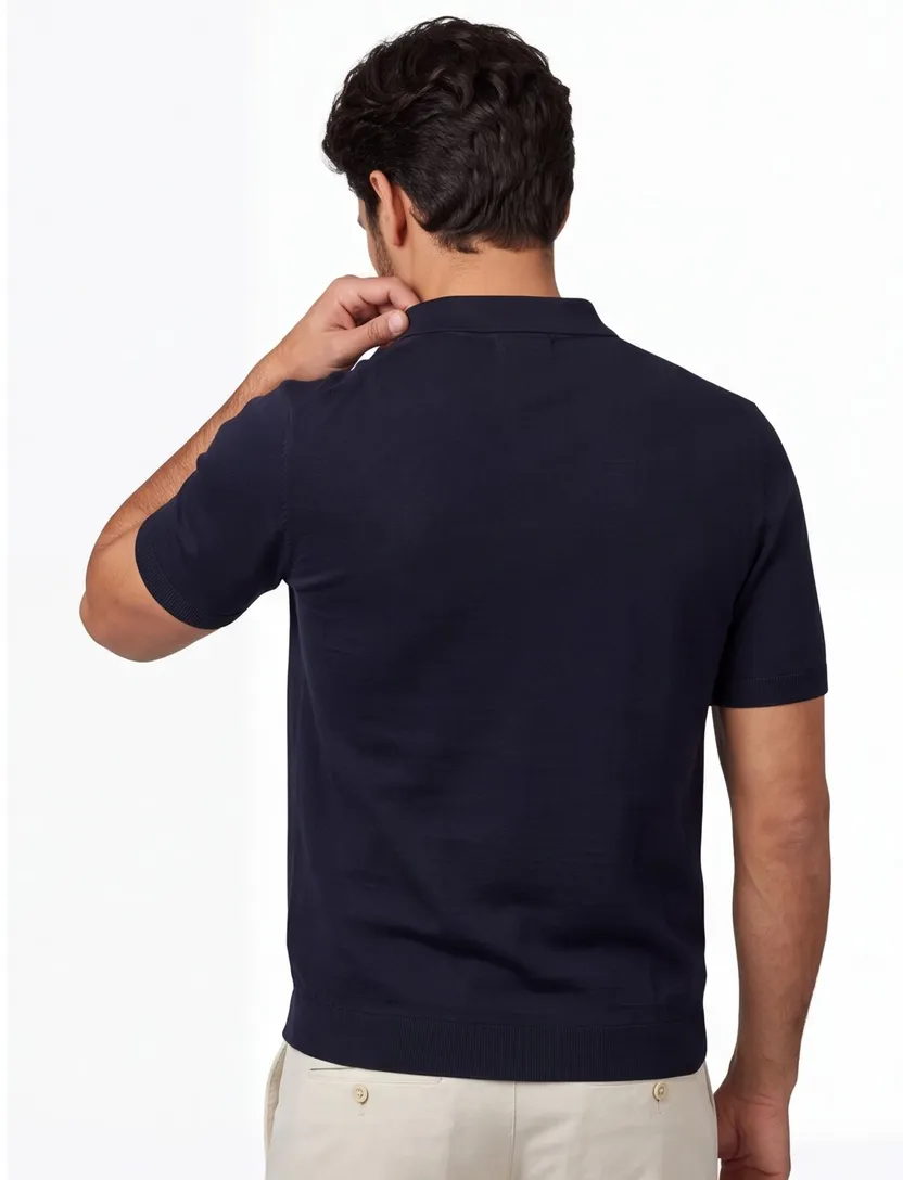 Navy polo Born with Appetite Dan katoen rits gebreid
