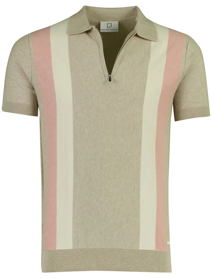 Beige polo Born with Appetite Austin rits gestreept