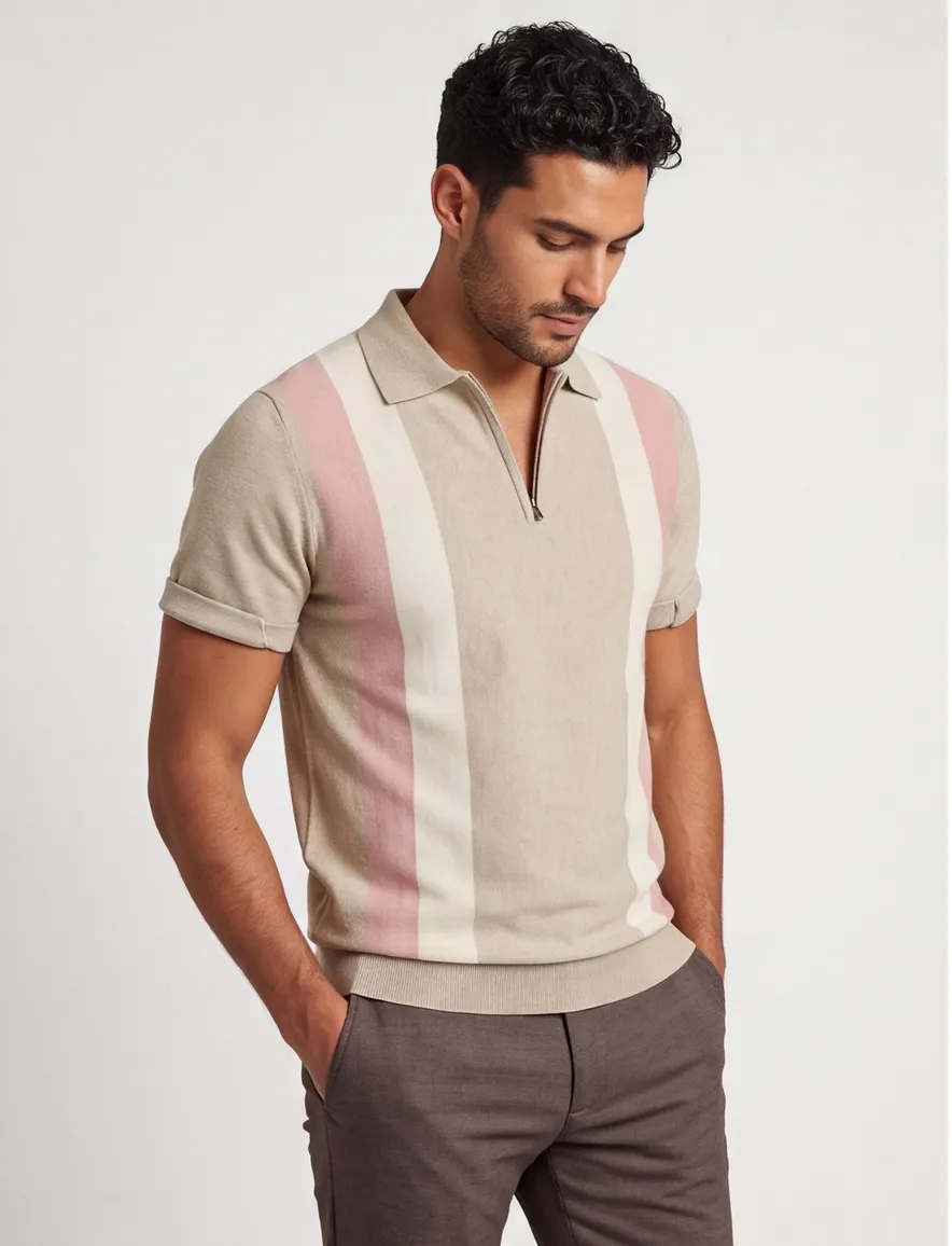 Born with Appetite Austin knitted polo beige gestreept