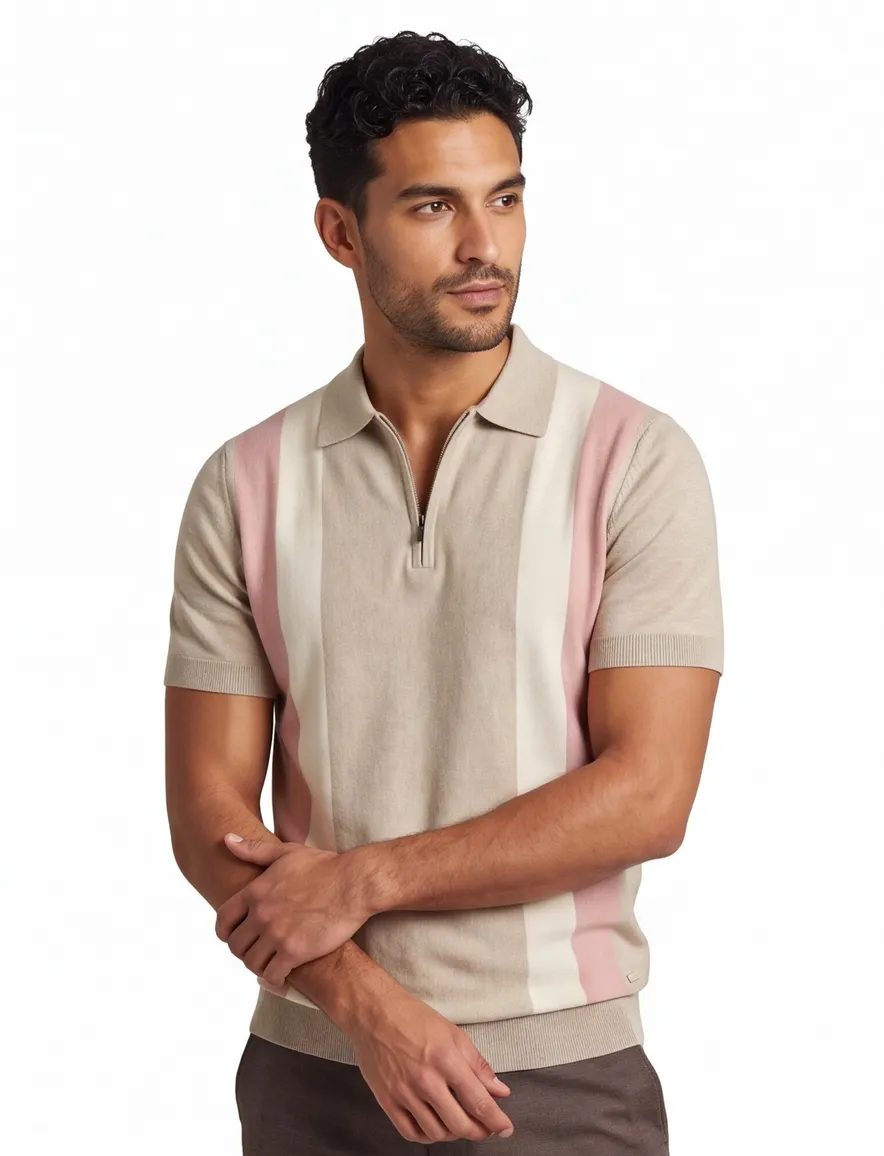 Born with Appetite Austin knitted polo beige gestreept