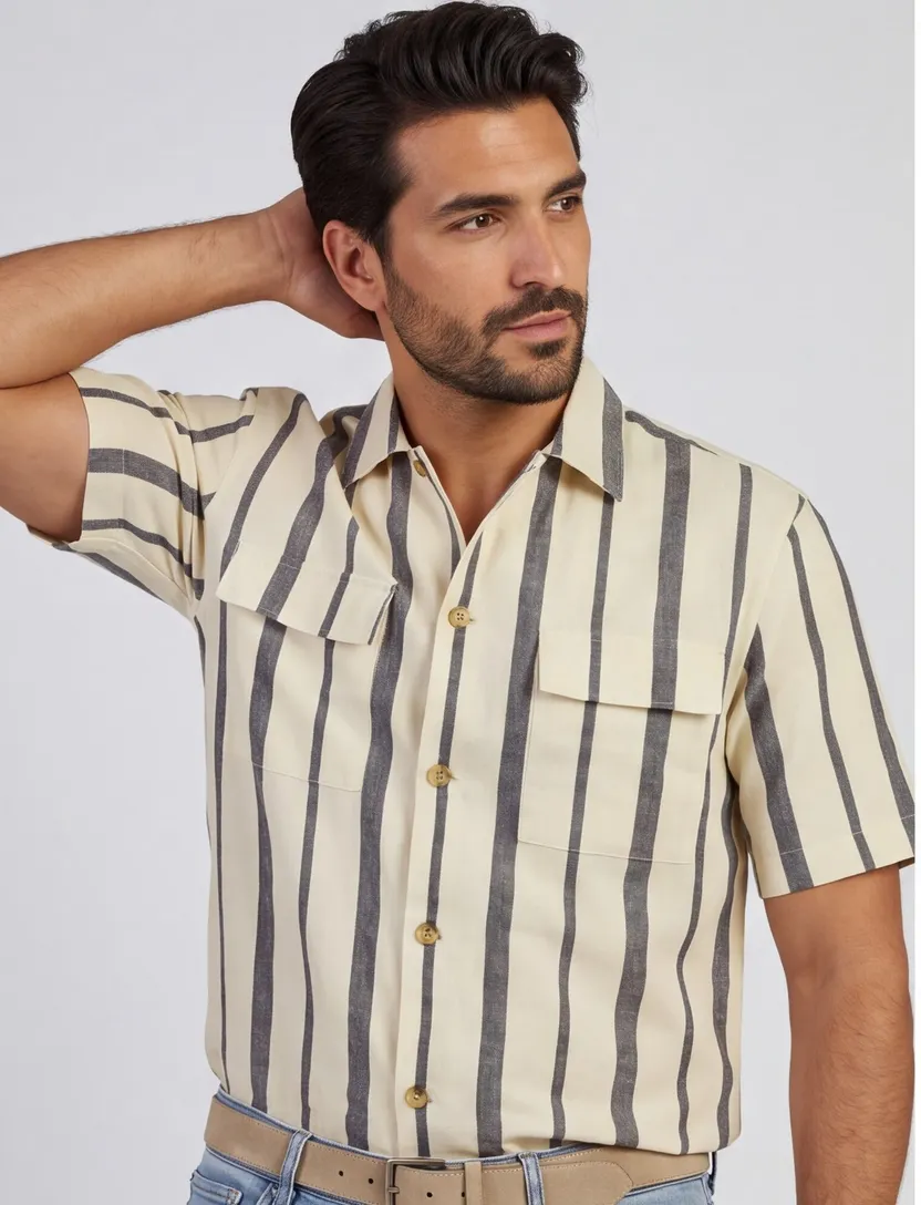 Poloshirt linnen beige gestreept Born With Appetite doorknoop