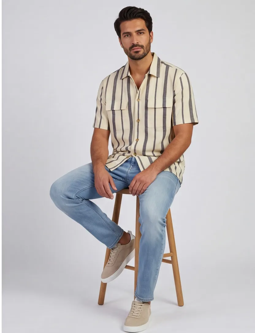 Poloshirt linnen beige gestreept Born With Appetite doorknoop