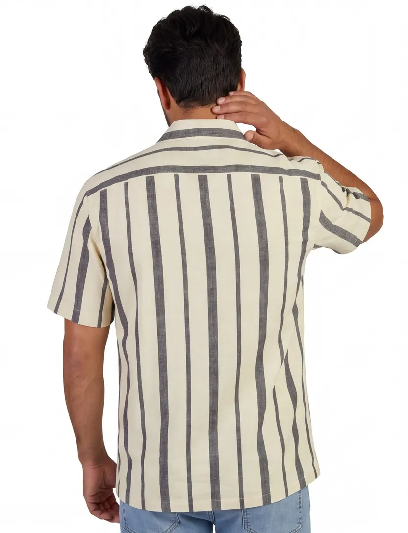 Poloshirt linnen beige gestreept Born With Appetite doorknoop