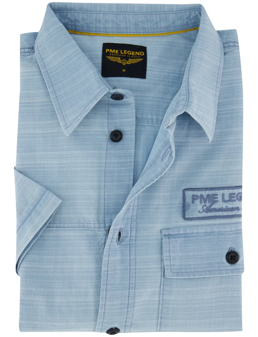 Overhemd PME Legend blauw korte mouw met borstzak