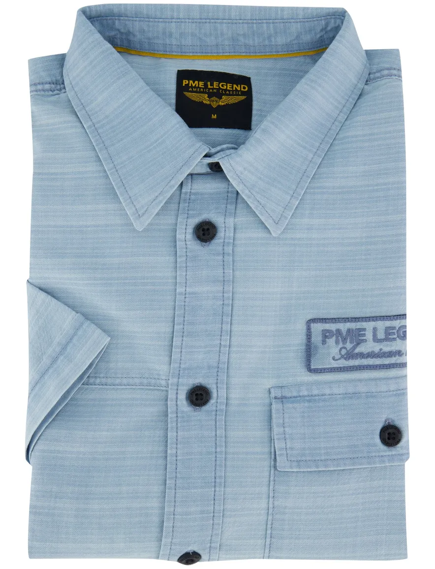 Overhemd PME Legend blauw korte mouw met borstzak