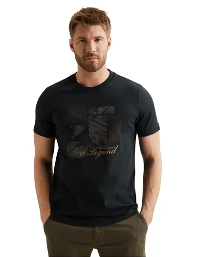 PME Legend Donkerblauw t-shirt PME Legend normale fit opdruk vliegtuig