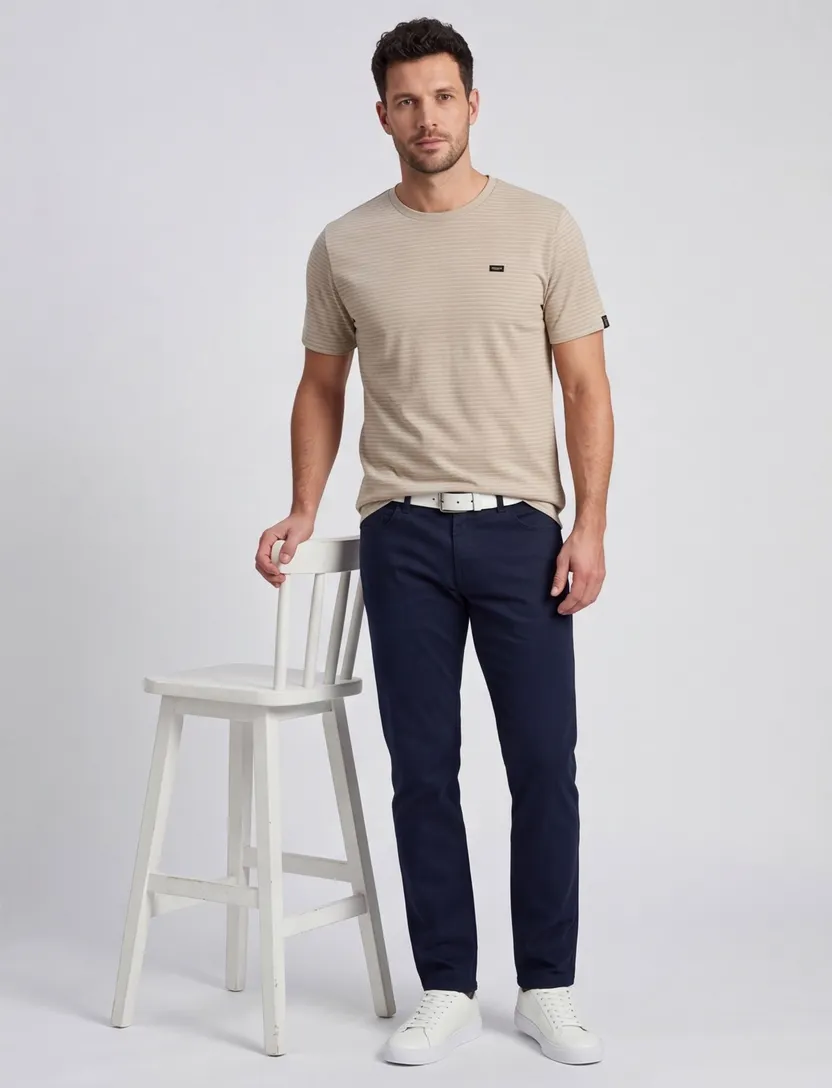 T-shirt Vanguard beige normale fit strepen ronde hals
