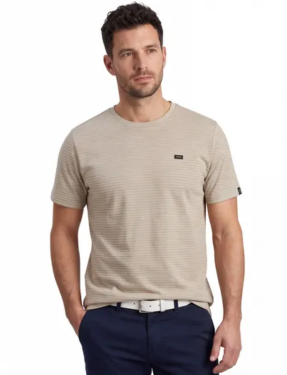 Vanguard T-shirt Vanguard beige normale fit strepen ronde hals