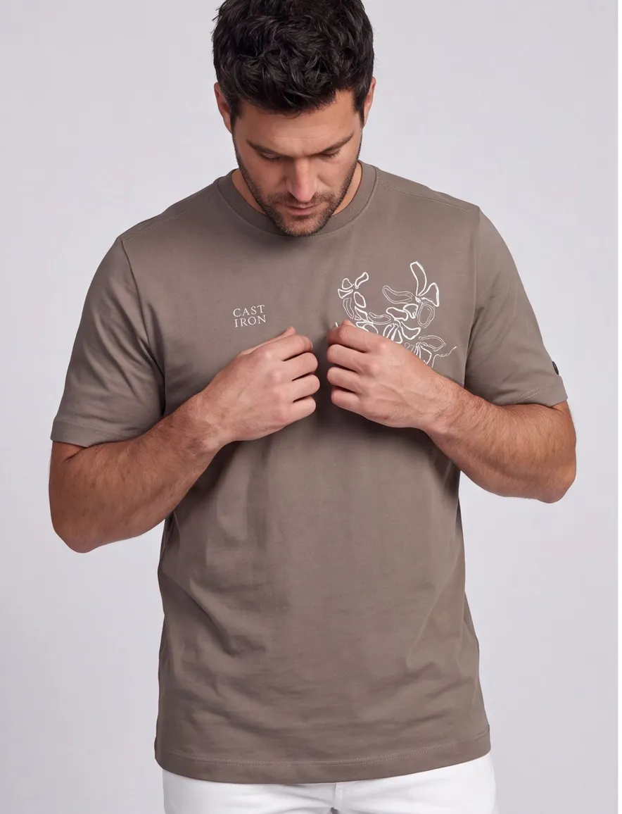 T-shirt Cast Iron khaki katoen normale fit