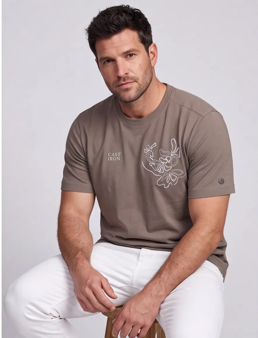 T-shirt Cast Iron khaki katoen normale fit
