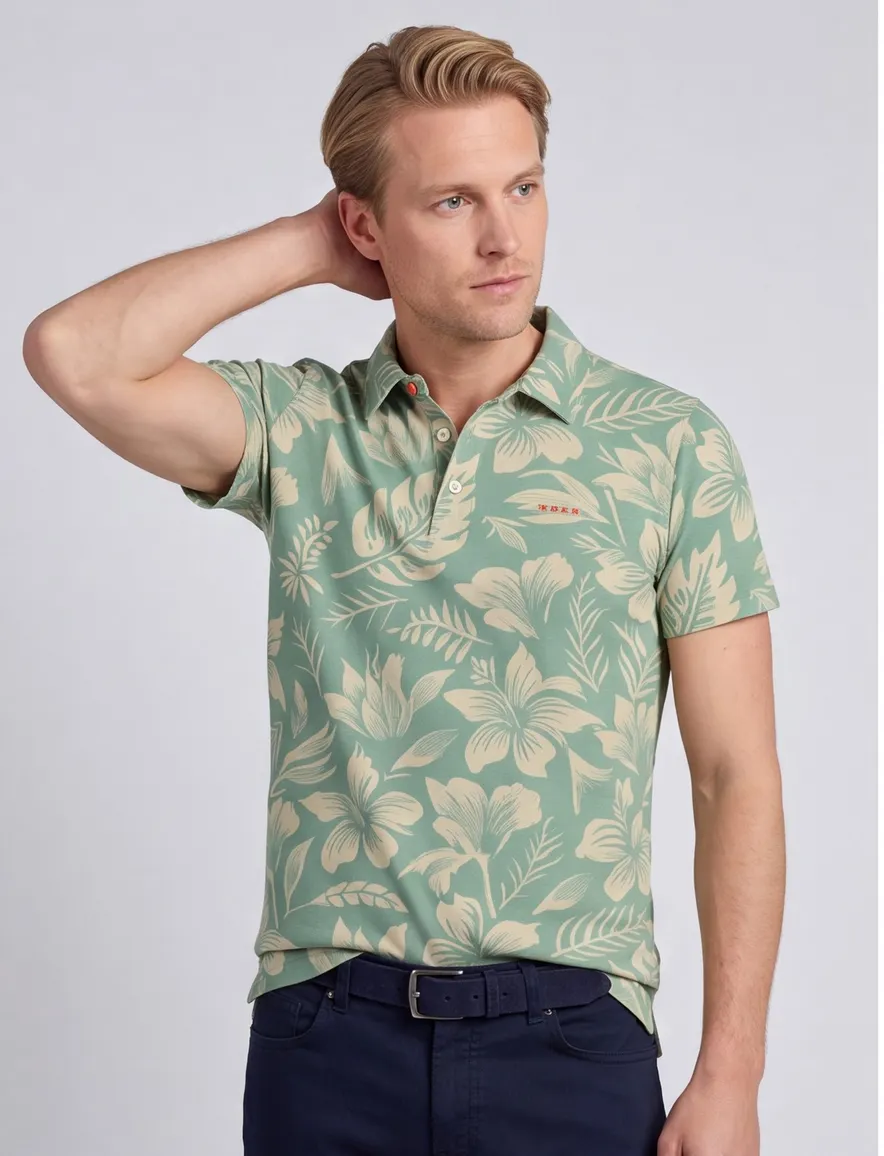 Poloshirt New Zealand groen met bladeren print