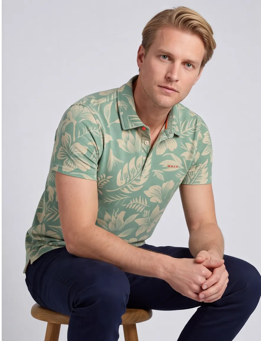 Poloshirt New Zealand groen met bladeren print