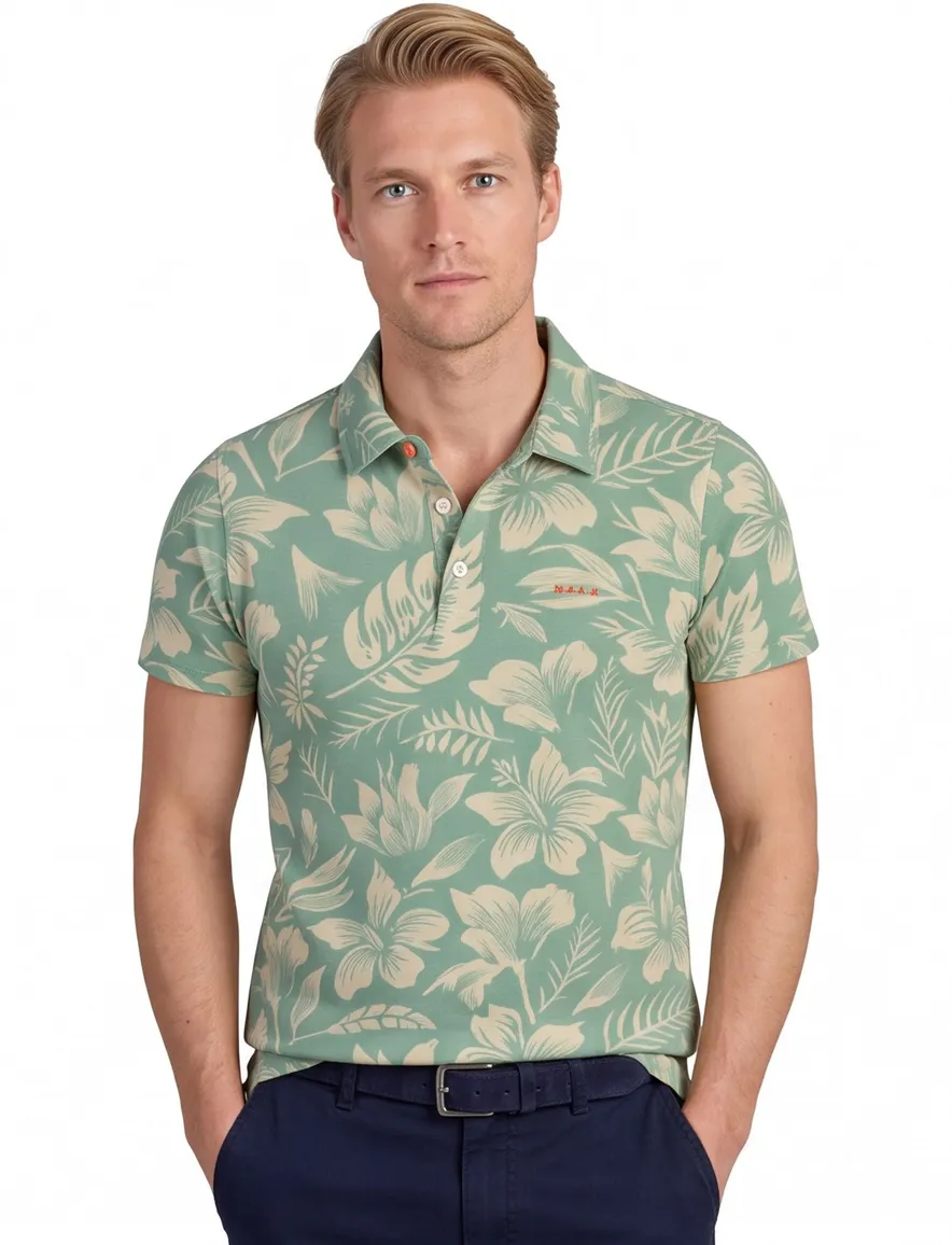 Poloshirt New Zealand groen met bladeren print
