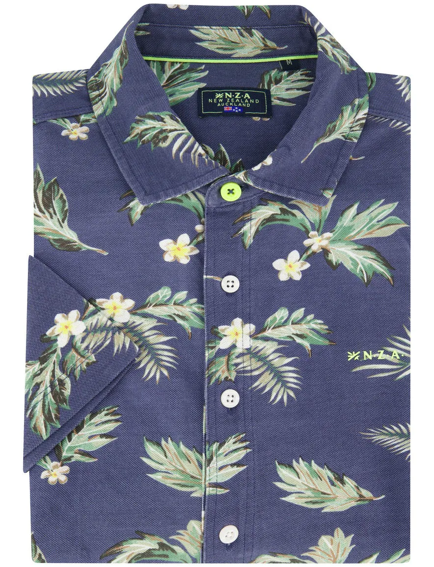 Overhemd New Zealand donkerblauw bloemen geprint
