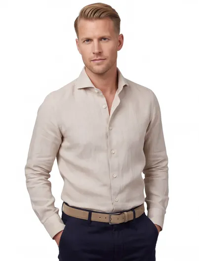 John Miller John Miller Slim Fit overhemd beige linnen