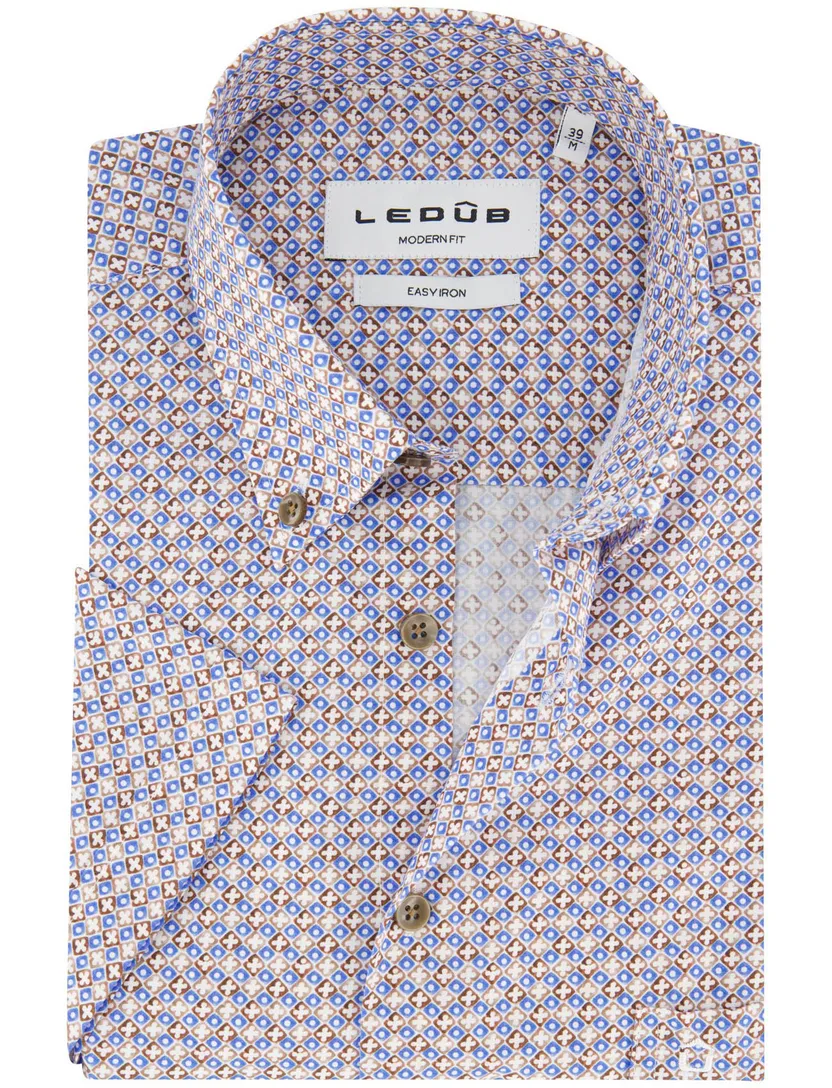 Overhemd Ledub Modern Fit blauw bruin geprint katoen