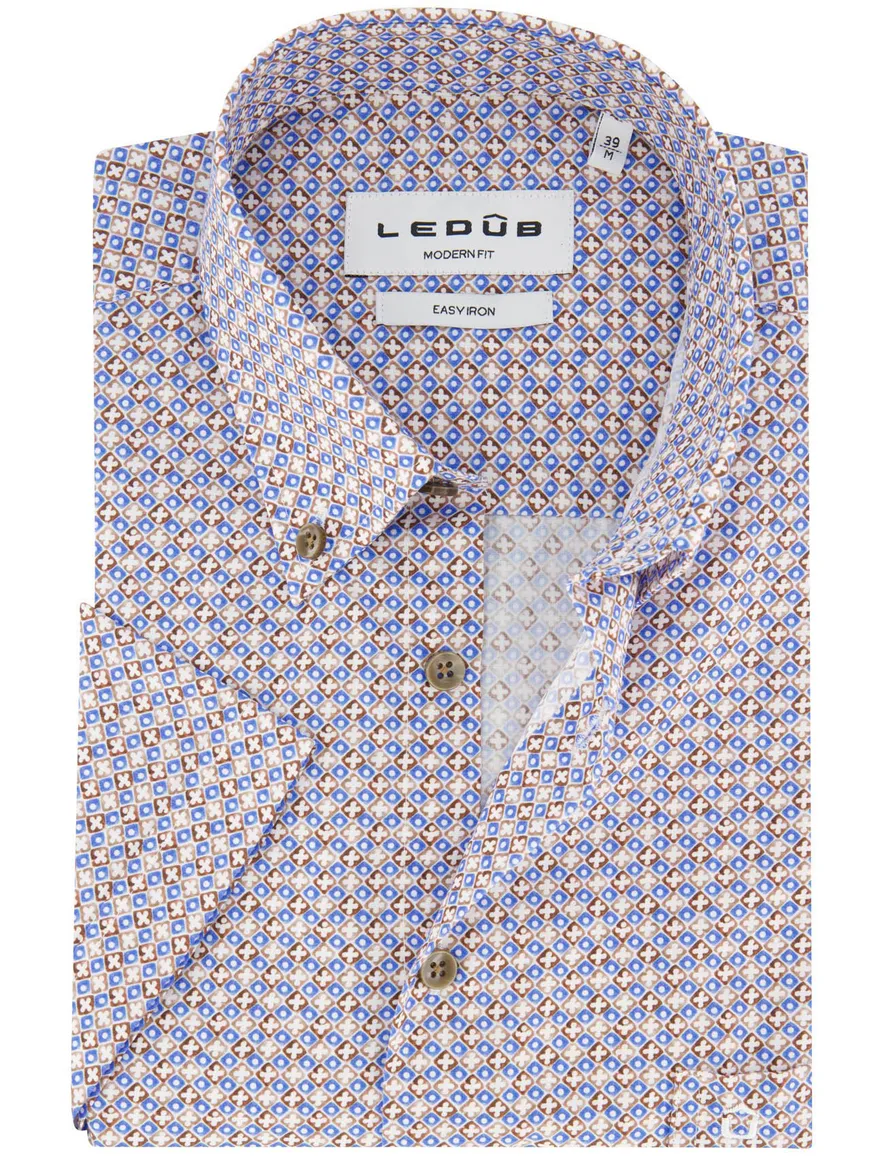 Overhemd Ledub Modern Fit blauw bruin geprint