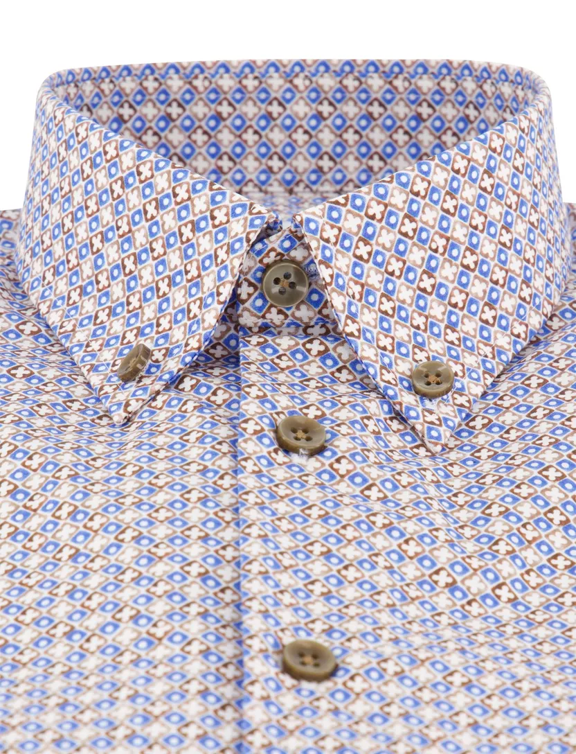 Overhemd Ledub Modern Fit blauw bruin geprint katoen
