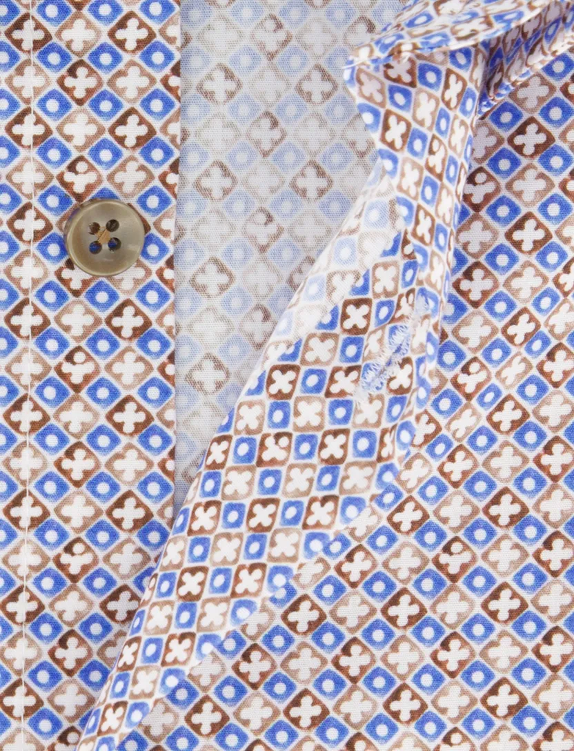 Overhemd Ledub Modern Fit blauw bruin geprint katoen
