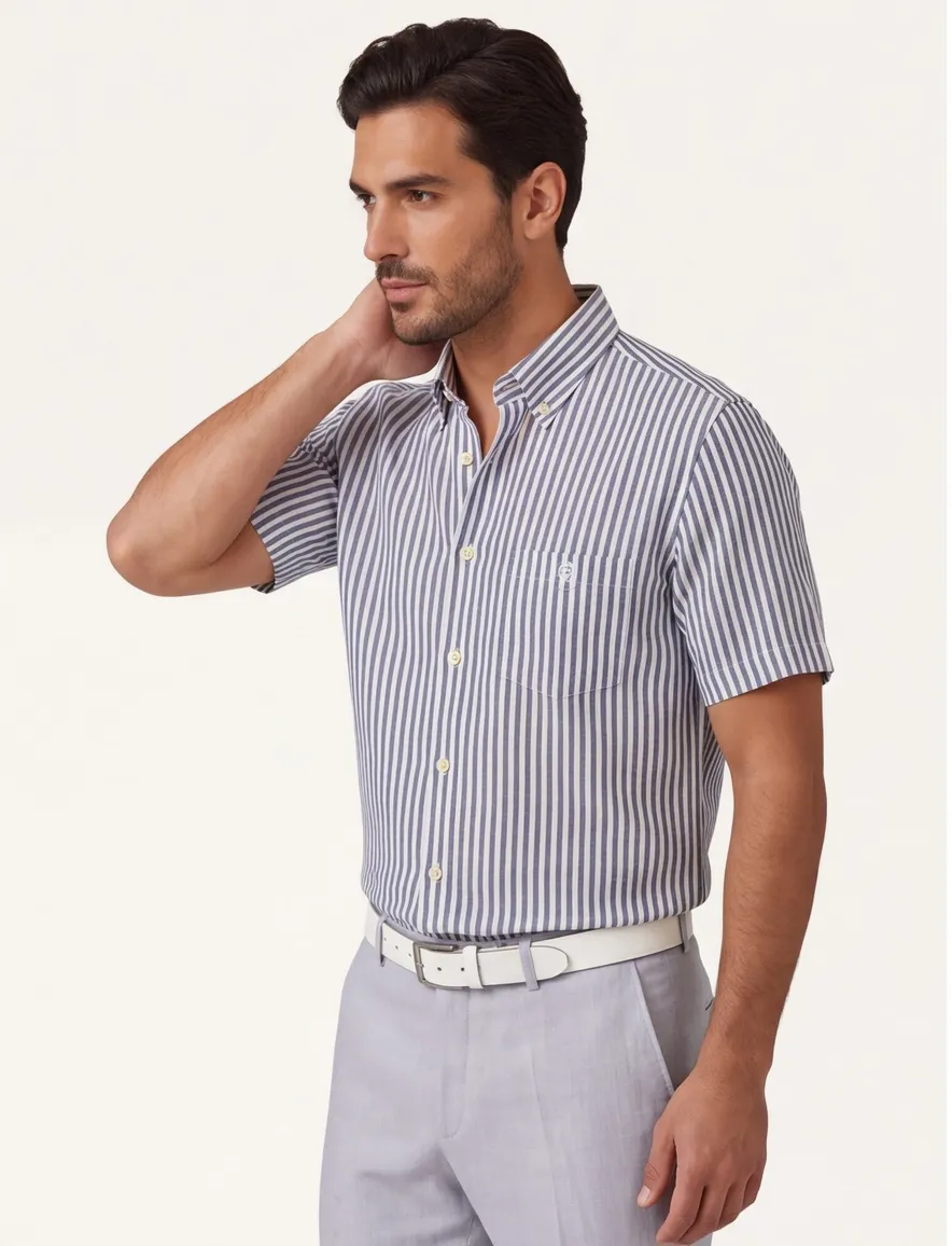 Ledub Modern Fit overhemd donkerblauw gestreept