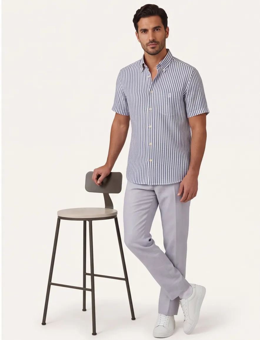 Ledub Modern Fit overhemd donkerblauw gestreept