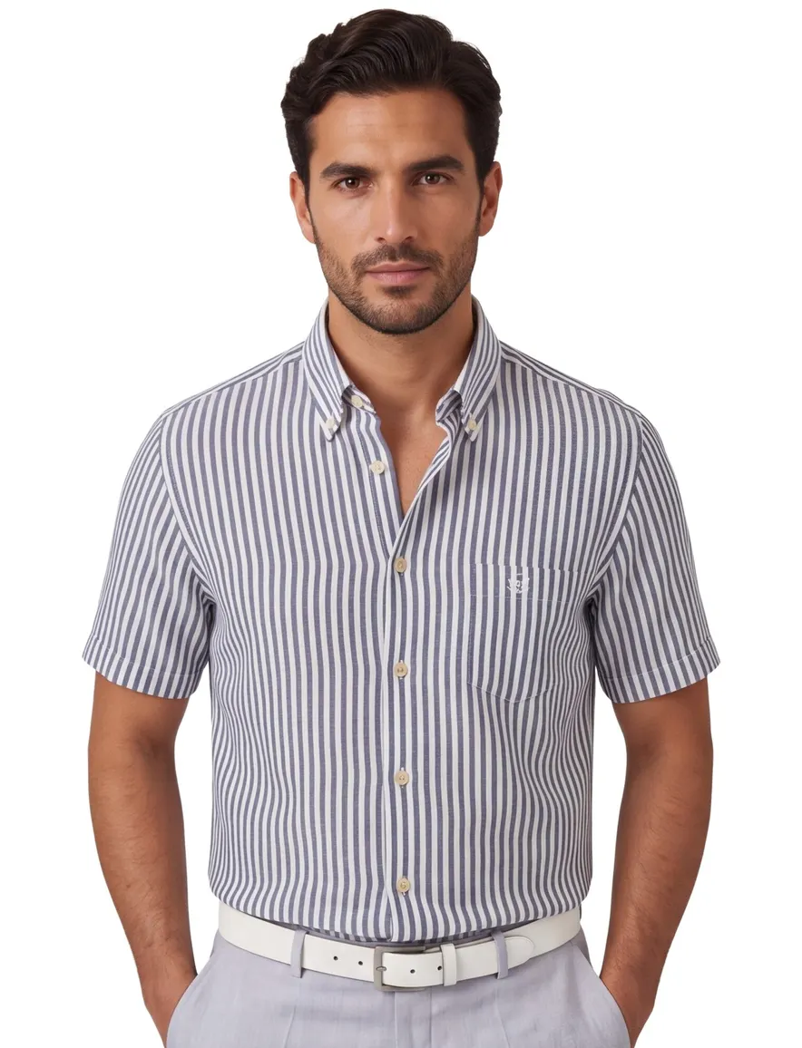 Ledub Modern Fit overhemd donkerblauw gestreept