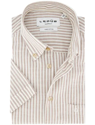 Ledub Overhemd Ledub Modern Fit bruin gestreept katoen