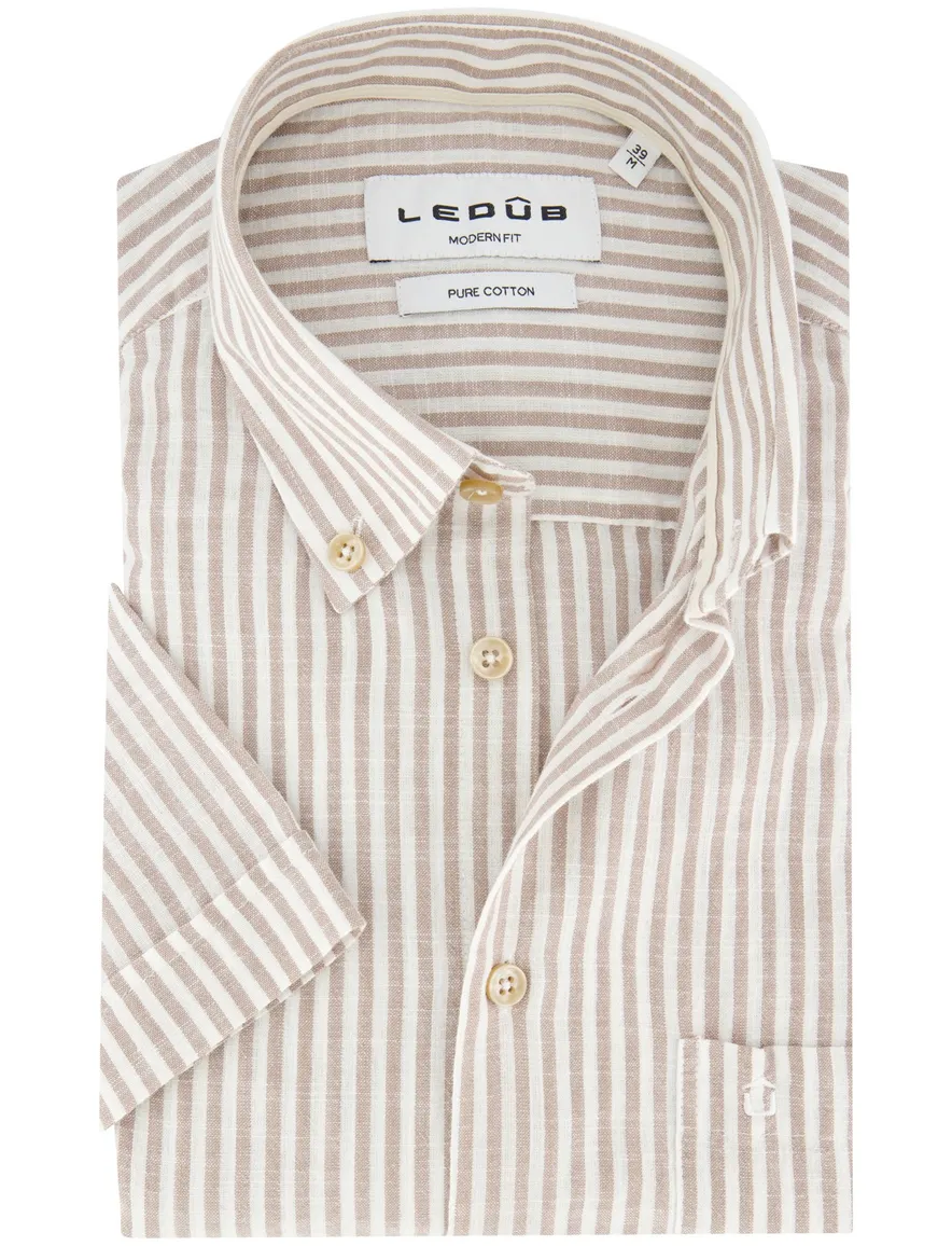 Overhemd Ledub Modern Fit bruin gestreept katoen