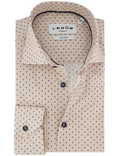 Ledub Beige geprint overhemd Ledub Modern Fit 100% katoen