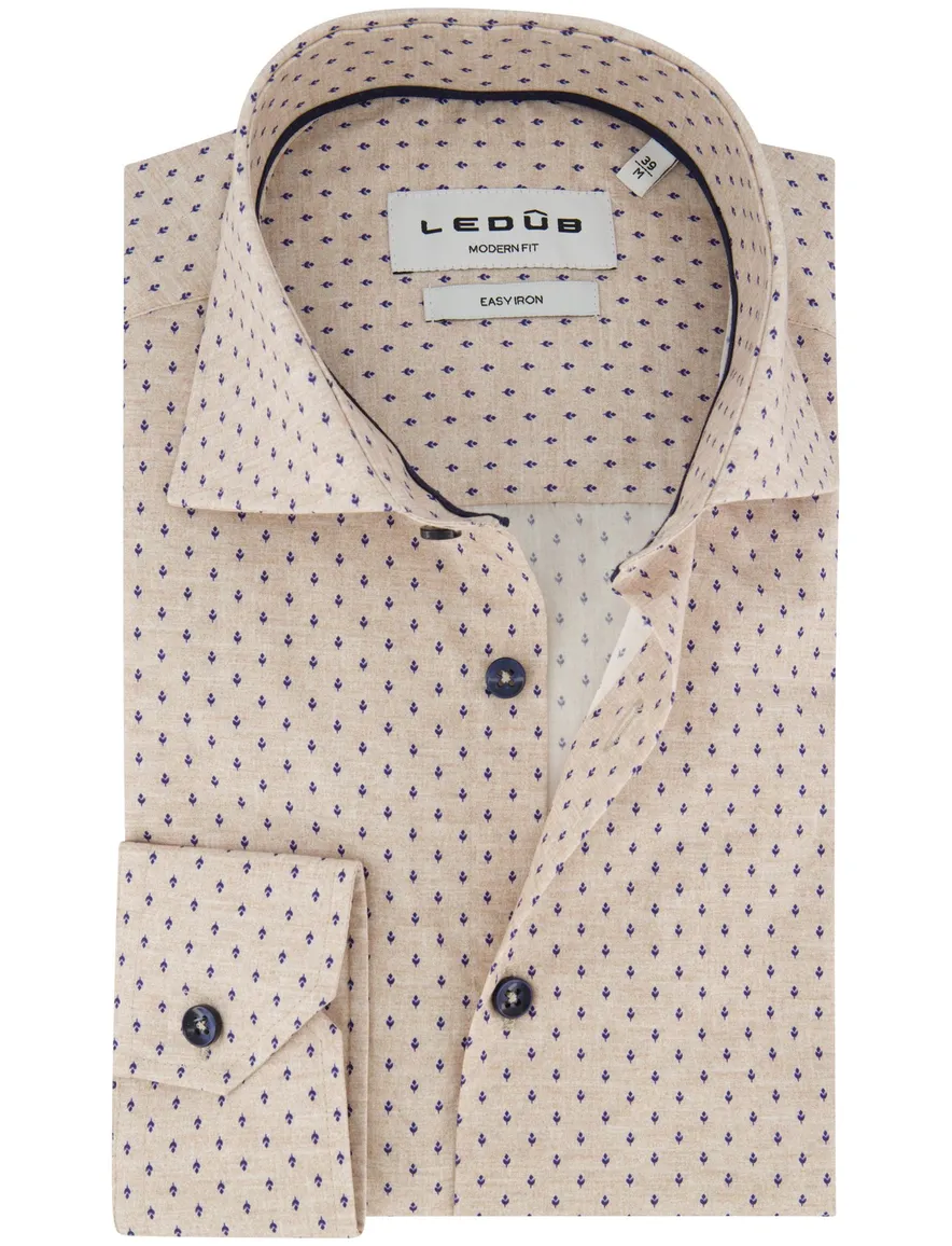 Ledub Modern Fit overhemd beige print mouwlengte 7
