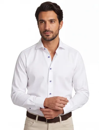 Ledub Wit Ledub Modern Fit overhemd donkerblauwe knopen
