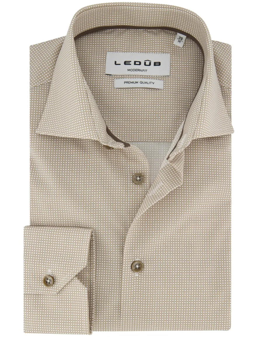 Overhemd Ledub Modern Fit beige met bruin patroon