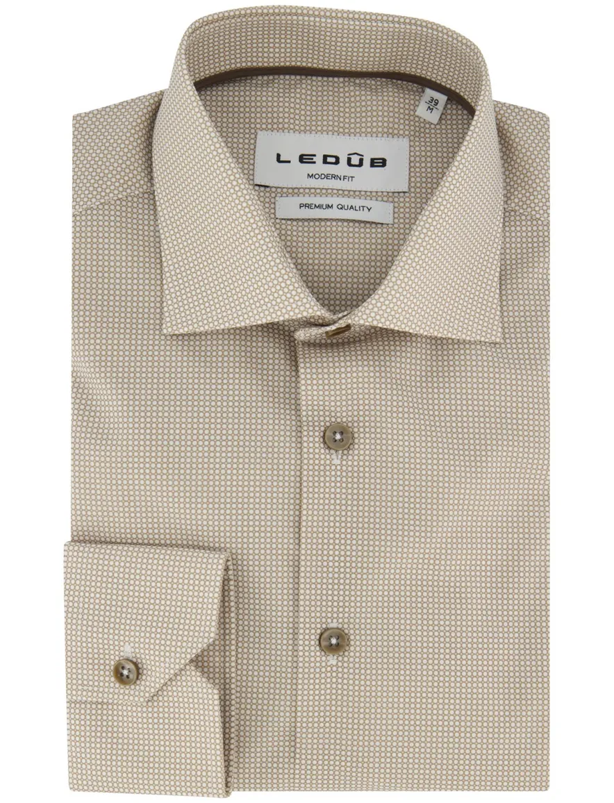 Overhemd Ledub Modern Fit beige met bruin patroon