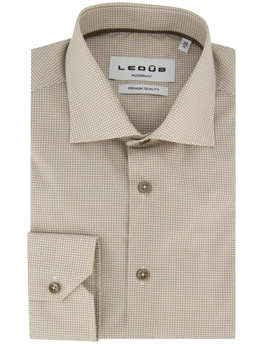 Overhemd Ledub Modern Fit beige met bruin patroon