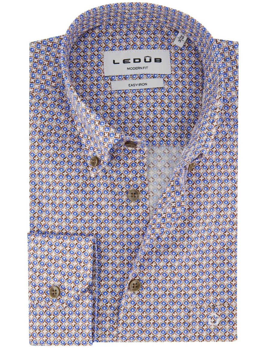 Overhemden Ledub Modern Fit blauw geprint katoen