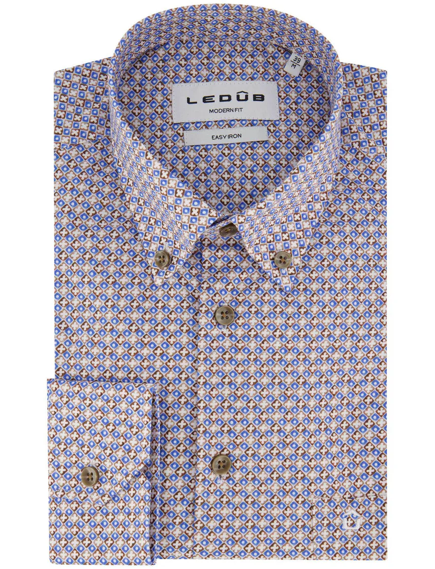 Overhemden Ledub Modern Fit blauw geprint katoen