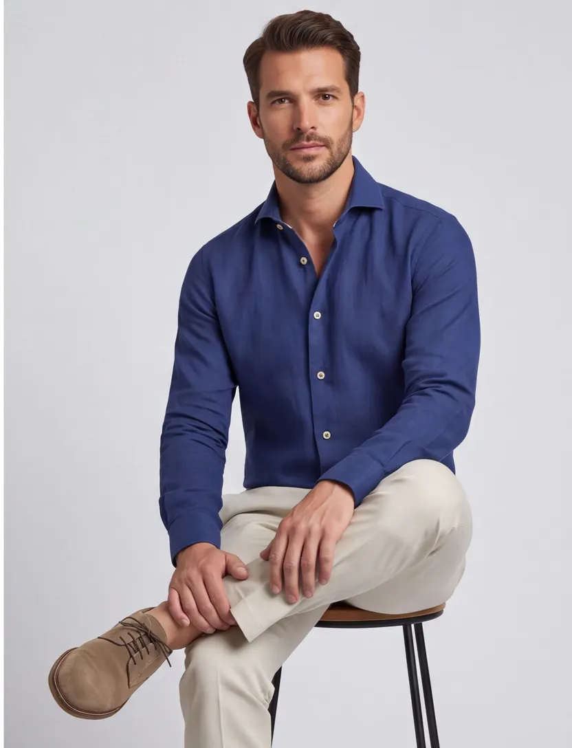 Ledub Modern Fit overhemd donkerblauw 100% katoen