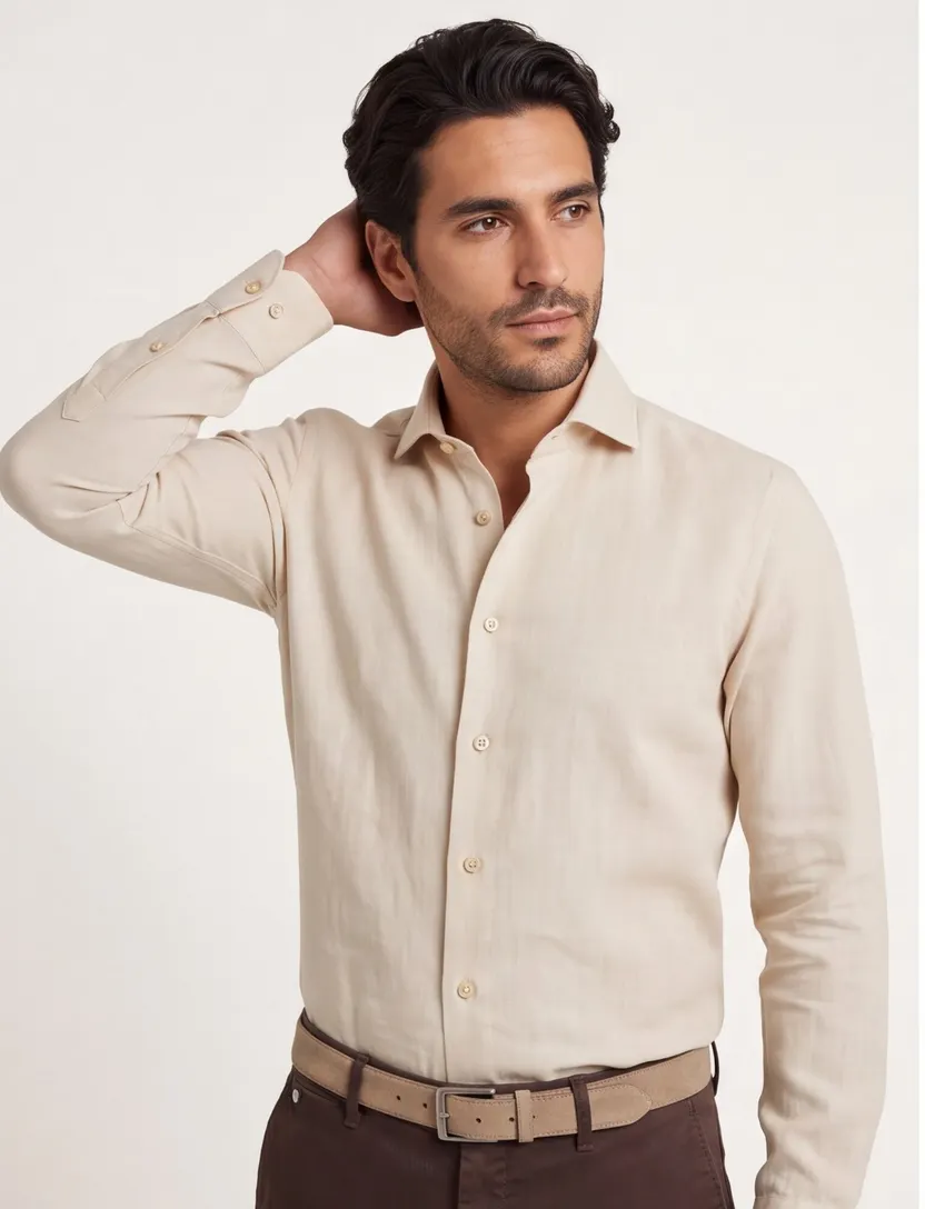 Overhemd Ledub Modern Fit beige 100% katoen
