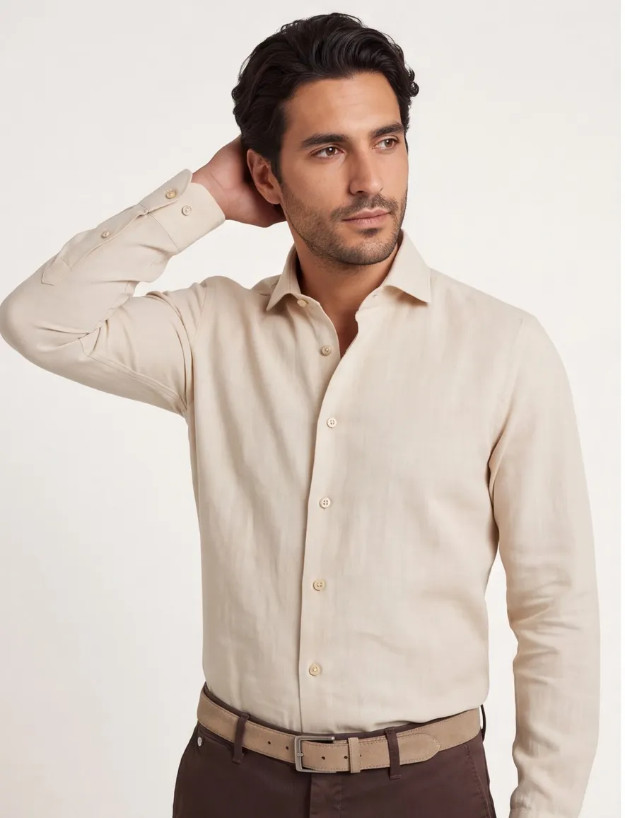 Overhemd Ledub Modern Fit beige katoen