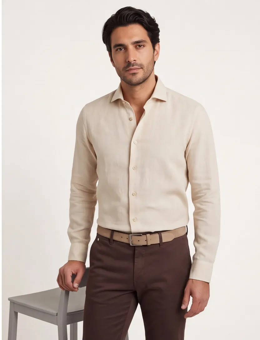 Overhemd Ledub Modern Fit beige 100% katoen